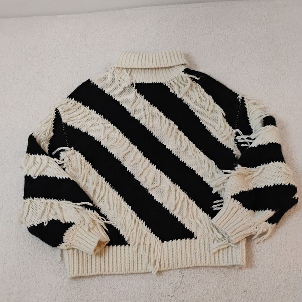 Black & White Candy Cane Striped Knit Sweater Fringe Turtleneck Beatnik Paris Xs - Picture 3 of 9
